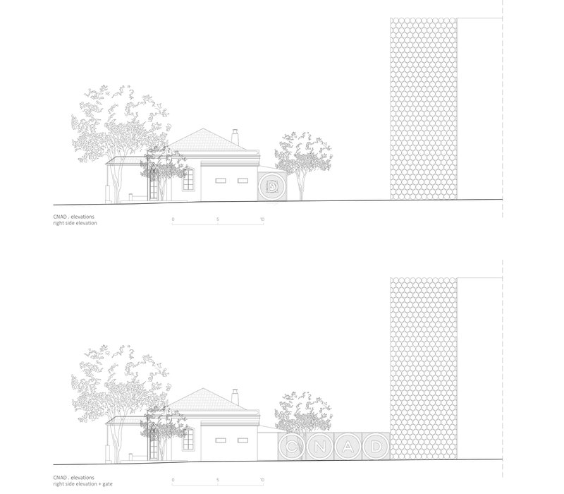 Right side elevation drawings showing a low residential building beside a tall honeycomb-patterned screen wall