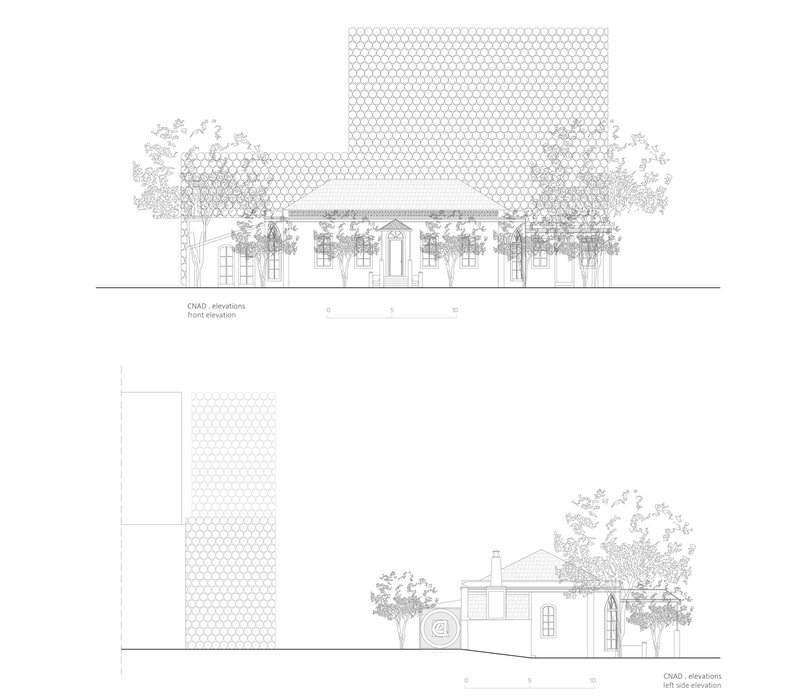 Front and left side elevation drawings showing a residential building with arched openings beneath a honeycomb screen