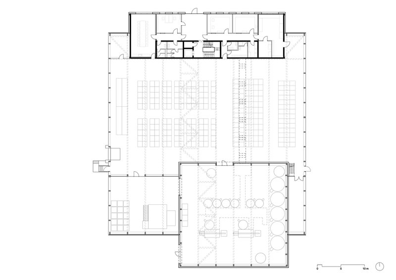 Ground floor plan drawing indicating large hall with seating rows and service rooms along the perimeter