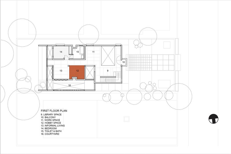First floor plan drawing showing bedroom layouts and a courtyard opening