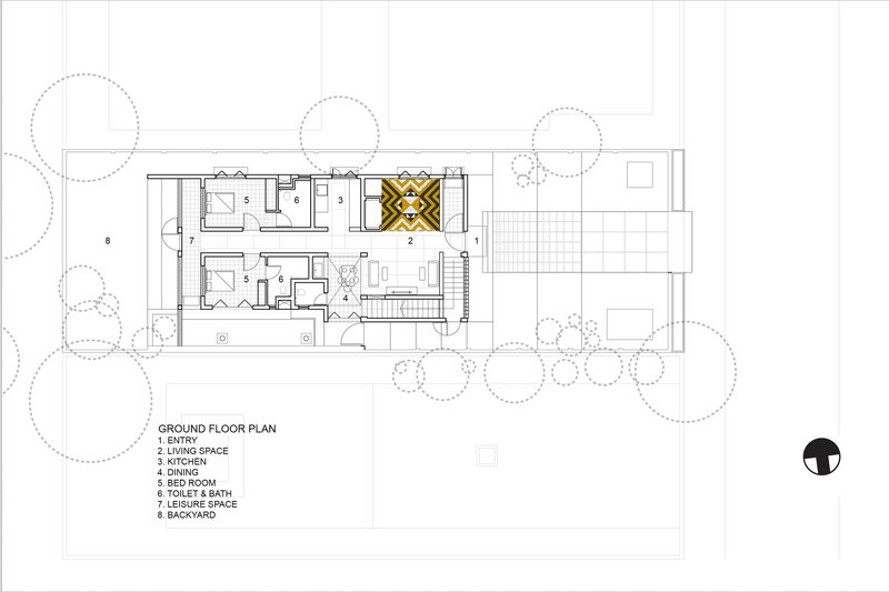 Ground floor plan drawing with labeled rooms and a central skylight grid