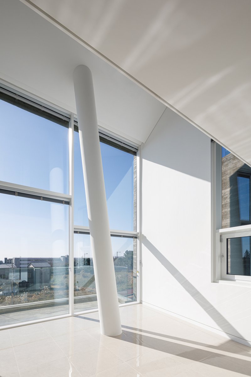 Double-height interior space with a white cylindrical column and full-height glazing casting angular shadows