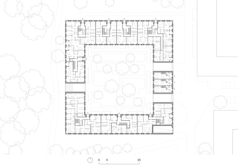 Ground floor plan drawing showing a hollow square building with units wrapping around a central courtyard