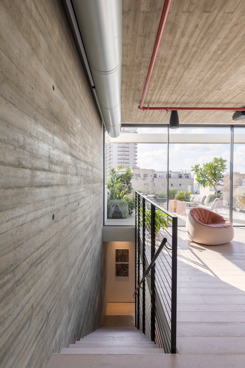 View down the steel staircase with wire railing toward the terrace and potted citrus trees