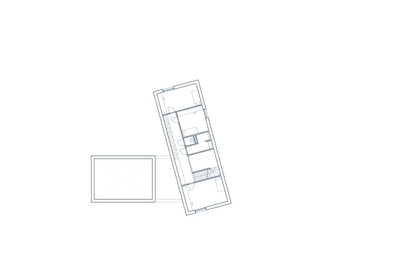 Upper floor plan drawing showing elongated rectangular volume with rooms and stair