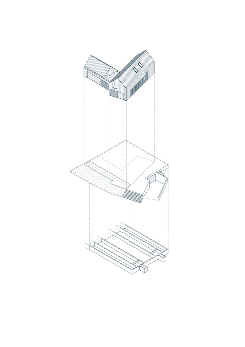 Exploded axonometric drawing showing layered foundation, ground floor and upper gabled volume