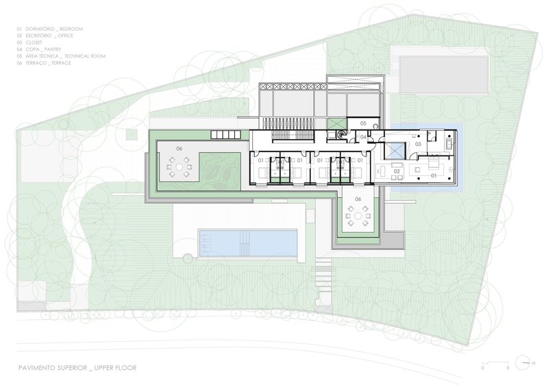 Upper floor plan drawing showing bedroom suites and terraces overlooking the pool below