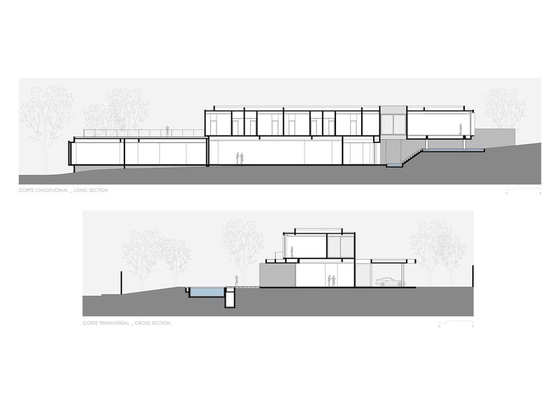 Longitudinal and transverse section drawings showing interior volumes and their relationship to the sloping terrain