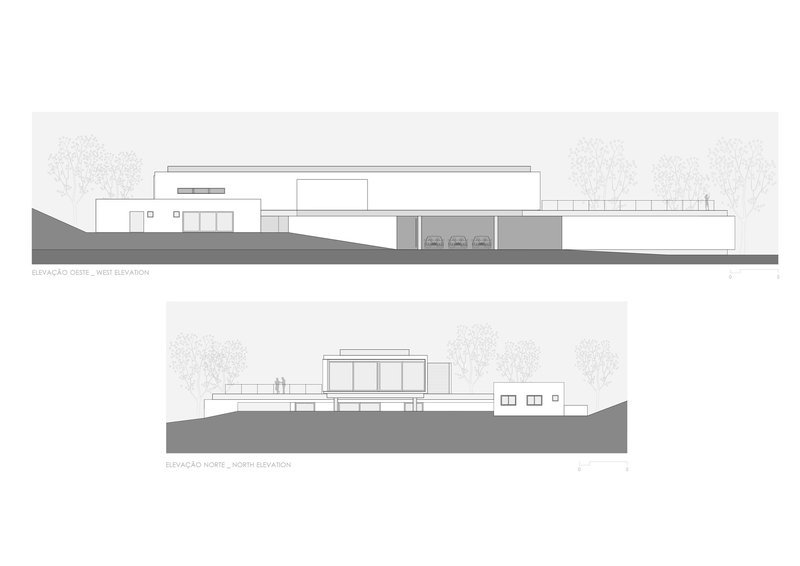 West and north elevation drawings showing the building's profile against the sloped ground with trees