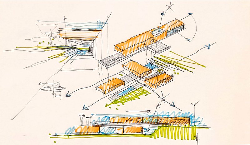 Hand-drawn sketch showing exploded axonometric and elevation views with orange and yellow roof volumes highlighted