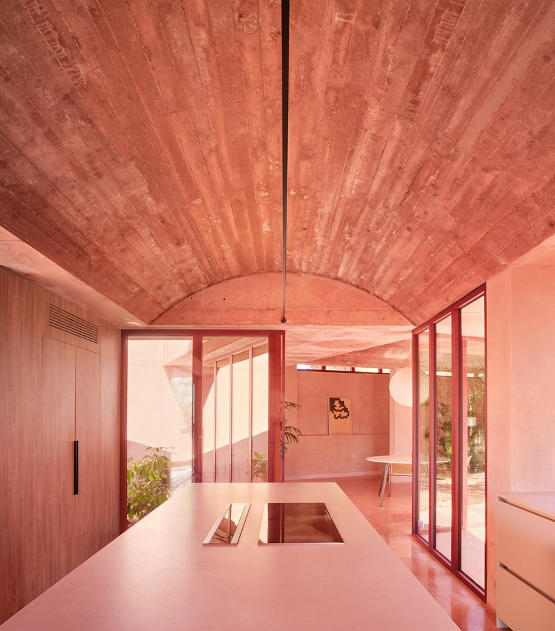 Kitchen with vaulted timber ceiling, integrated island counter, and glazed doors opening to courtyard with plants