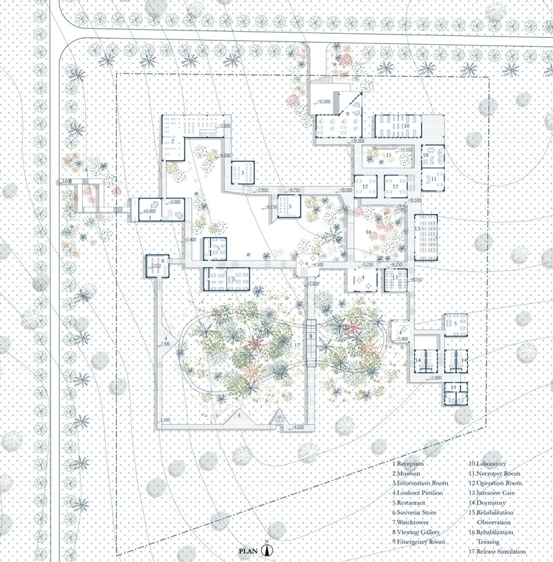 Detailed site plan showcasing visitor routes, treatment facilities, rehabilitation zones, and carefully preserved natural habitats.