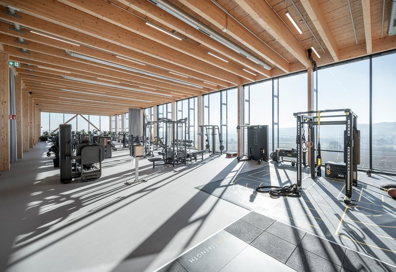 Fitness area with gym equipment beneath timber joists casting long shadows across the floor