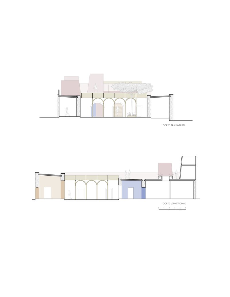 Section drawings showing arched colonnade and multi-level interior spaces adjacent to existing structures