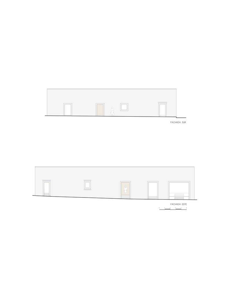 Elevation drawings showing two simple facades with rectangular door and window openings
