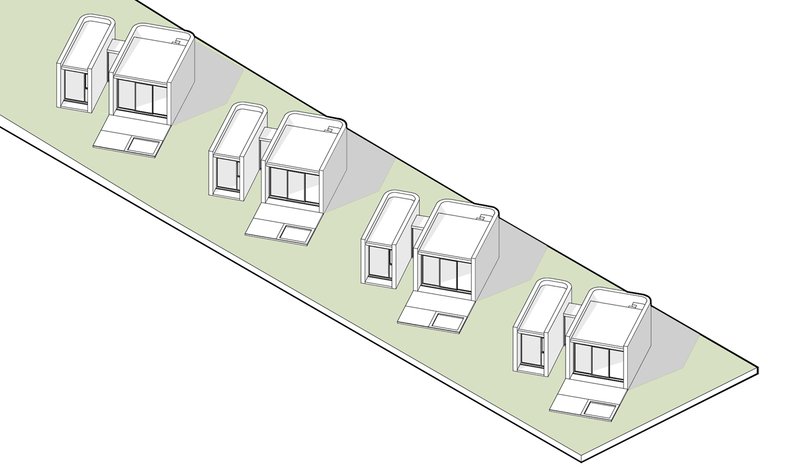 Axonometric drawing illustrating four paired volumes with alternating pitched and flat roof forms casting shadows