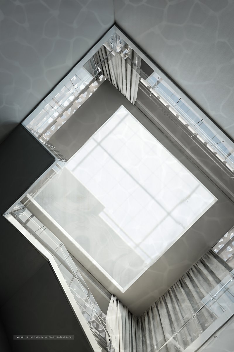 Central atrium visualization filtering ocean-inspired light through translucent surfaces and suspended architectural layers.