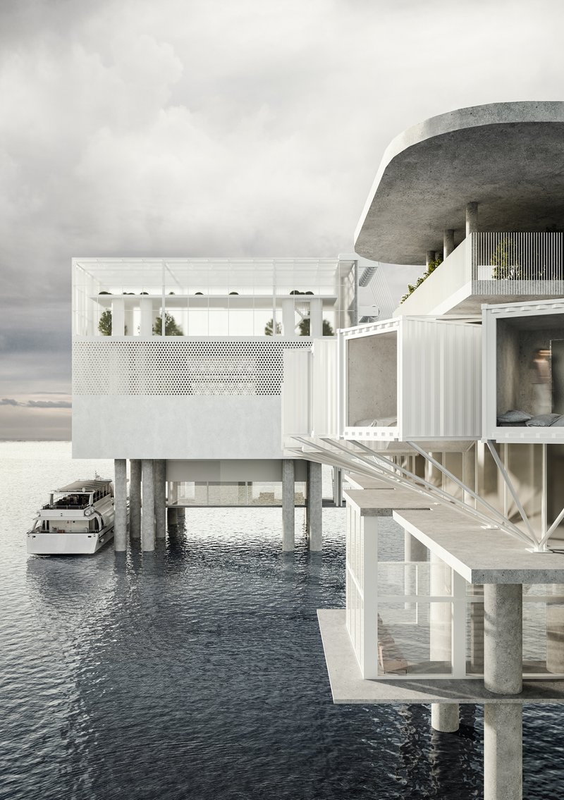 Exterior visualization of the floating research and residential hub reimagining industrial infrastructure through sustainable offshore architecture.