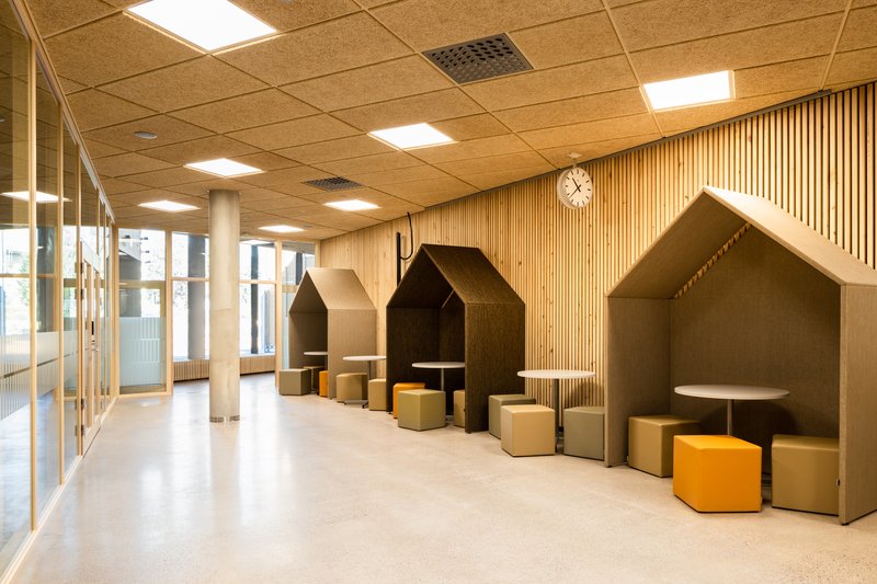 Interior breakout space with house-shaped acoustic booths and vertical timber slatted wall under acoustic tile ceiling