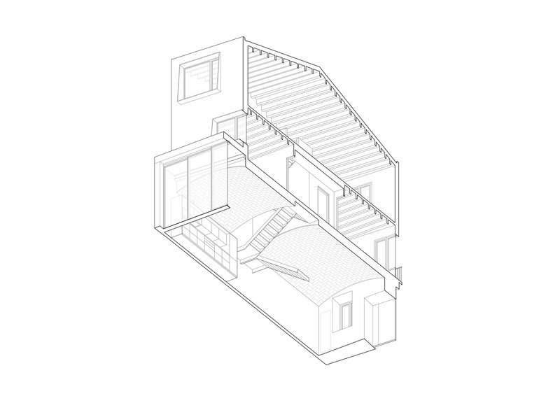 Axonometric drawing showing the interior volumes with a central staircase connecting upper and lower levels