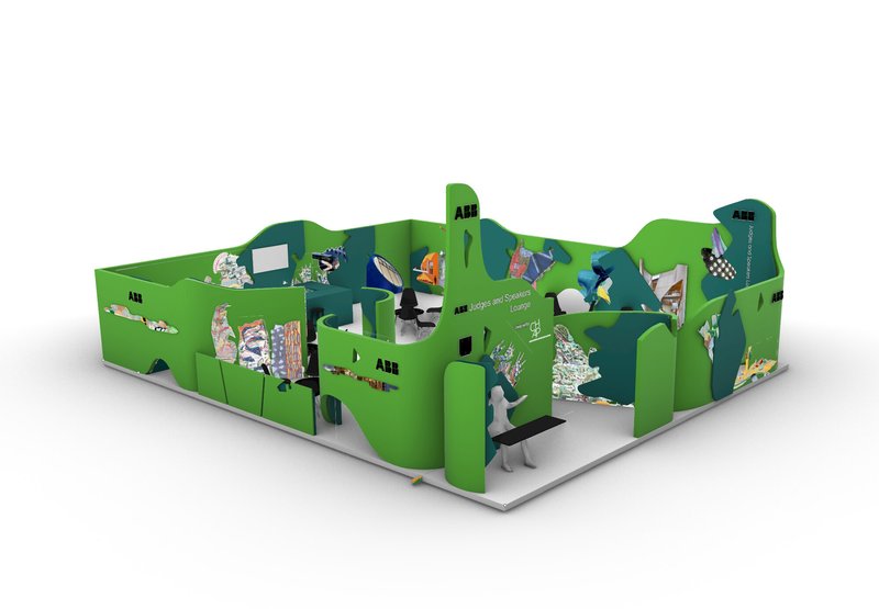 Axonometric rendering showing the layout of green partition walls and seating zones within the booth footprint