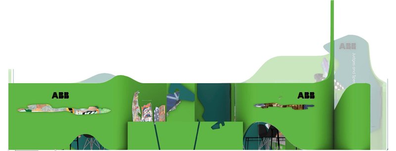 Section drawing showing the curved green partition walls with embedded display panels and signage