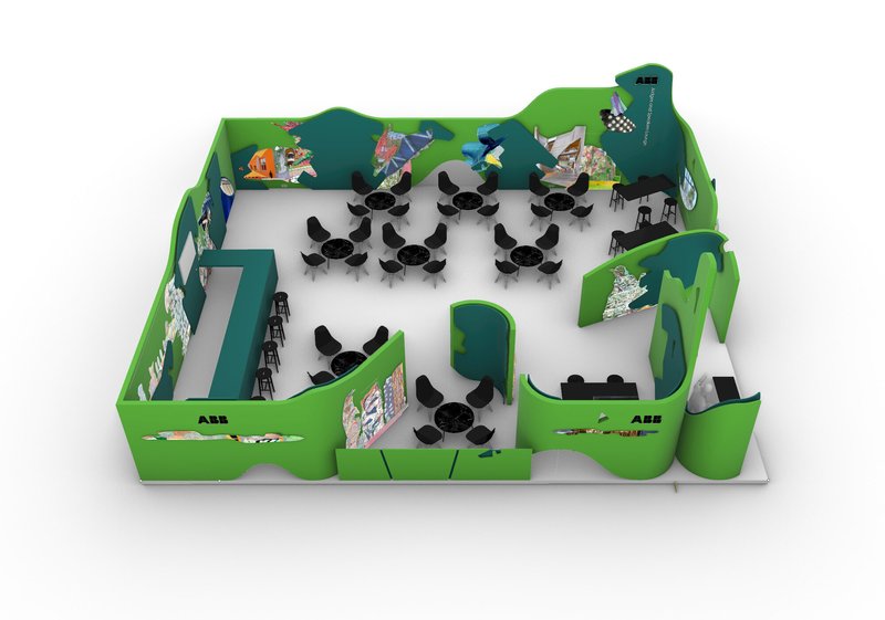 Axonometric view displaying the booth layout with seating clusters between organic green partition walls