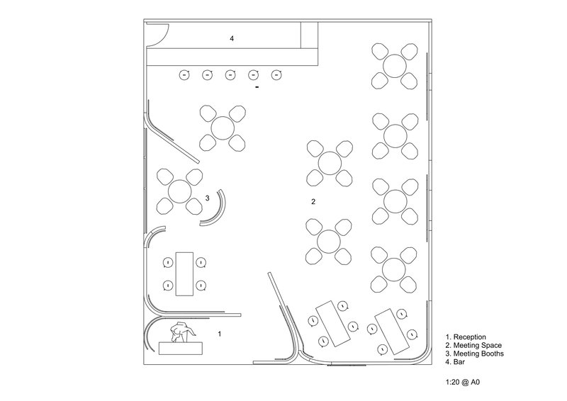 Floor plan drawing indicating reception desk, meeting tables, booth spaces, and bar area