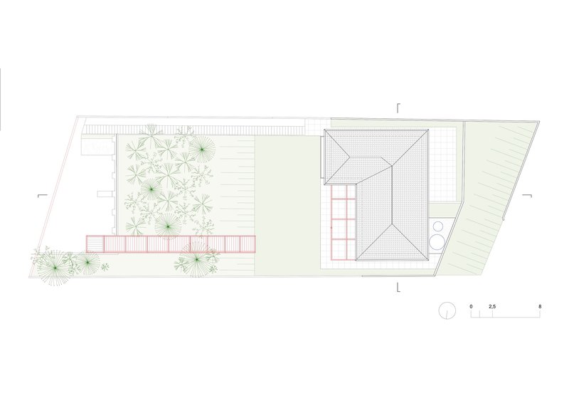 Site plan drawing showing planted courtyard, timber deck, and hipped roof volume on sloped terrain