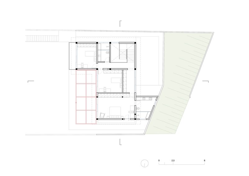 Upper floor plan drawing showing bedrooms and double-height void over main living space