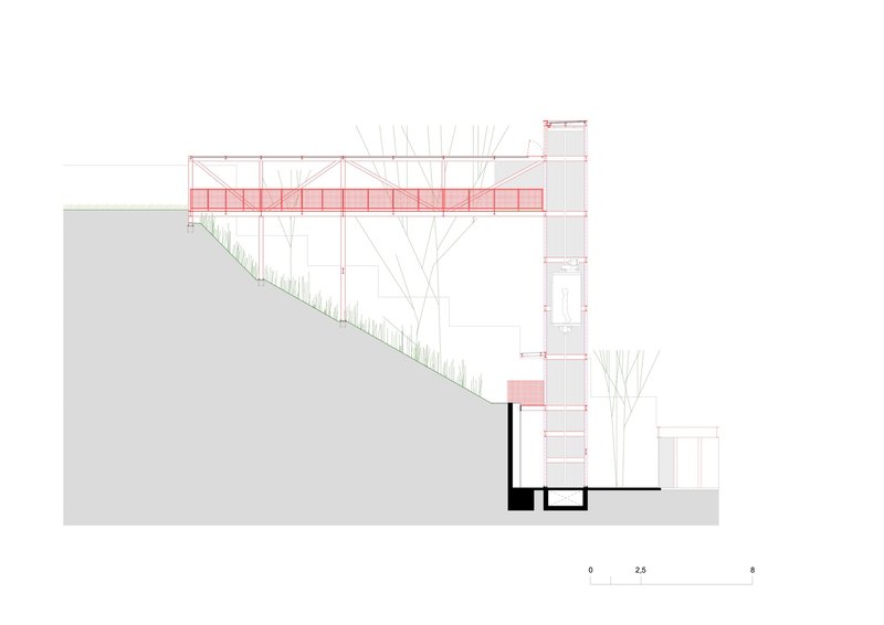 Section drawing showing a cantilevered structure extending from a sloped hillside with exposed timber framing