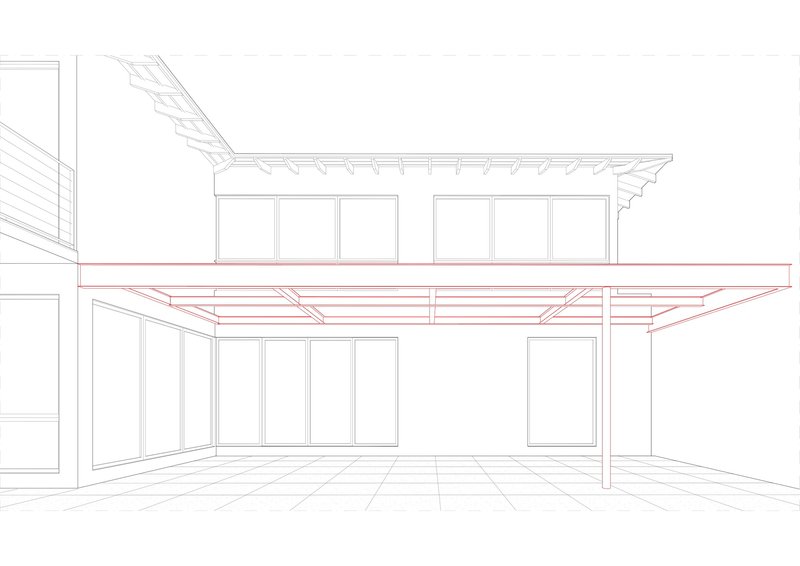Perspective section drawing of an interior room with exposed ceiling beams and full-height glazing