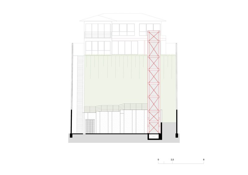 Section drawing showing a diagonal lattice tower against a two-story glazed facade