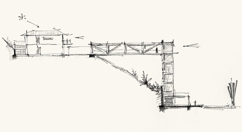 Section sketch showing a bridging structure connecting tower volumes on sloping terrain with vegetation