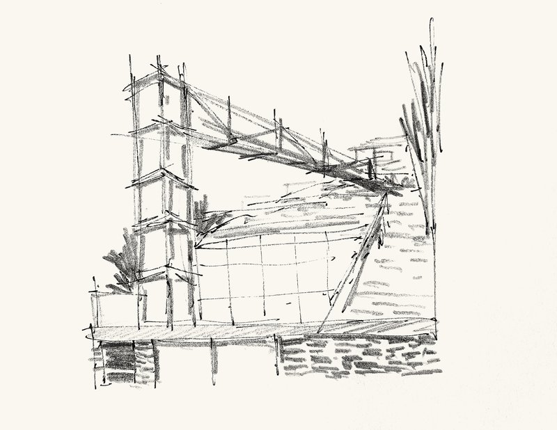 Perspective sketch of a tower with diagonal bracing and cantilevered bridge element