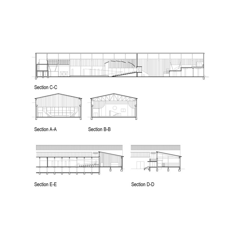 Section drawings showing interior volumes with gabled roofs, tiered seating, and exposed truss structures