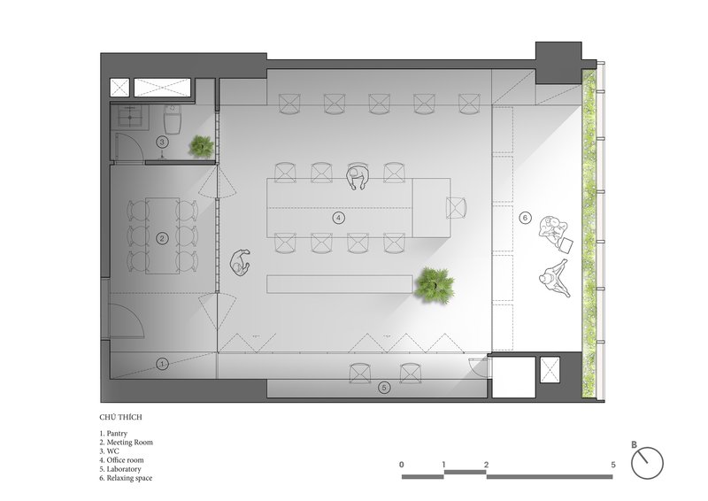 Floor plan drawing depicting furniture layout and circulation paths through the open office space
