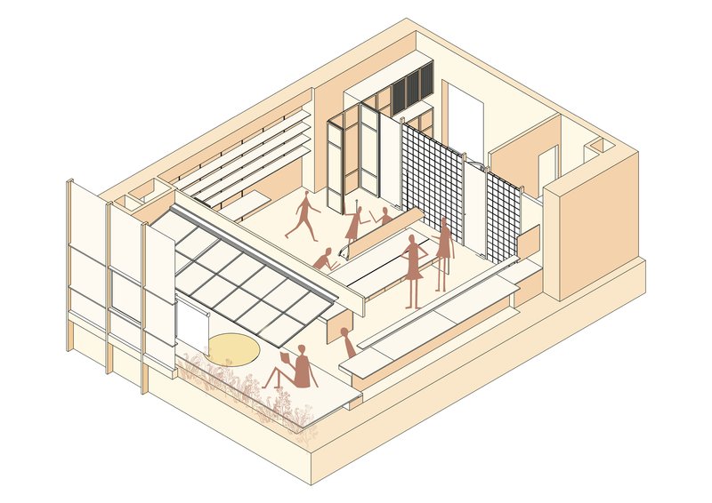 Axonometric drawing illustrating the interior arrangement with glass block partition and figures moving through space