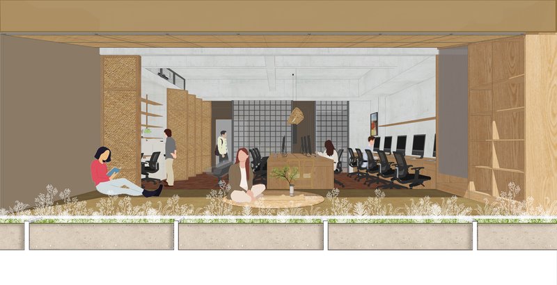Section perspective with planted terrace in foreground and figures occupying the glass-walled interior workspace