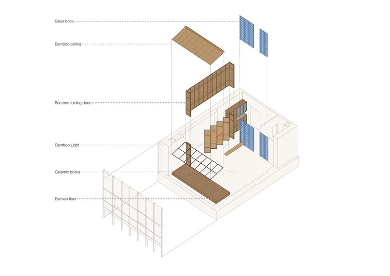 Axonometric drawing showing exploded assembly of bamboo ceiling, folding doors, glass panels, ceramic bricks and earthen floor