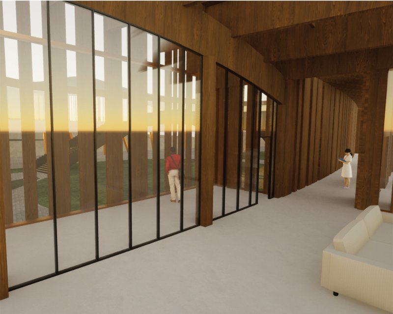 Continuous circulation corridors blur the boundary between interior experience and natural habitat.