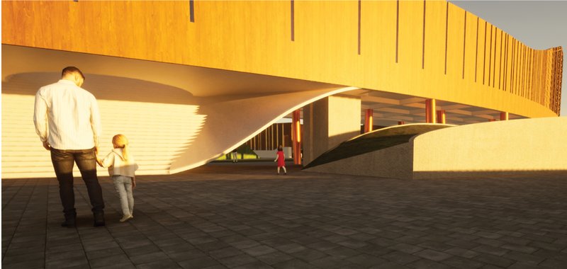 Sculptural undercroft spaces create sheltered public zones beneath the elevated structure.