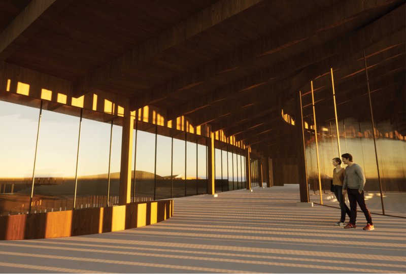Warm timber interiors frame panoramic landscape views through expansive glass façades.