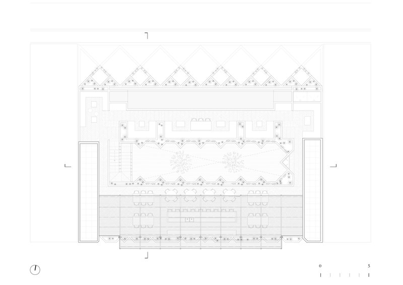 Floor plan drawing showing ground level with sawtooth roofline over central courtyard and flanking service zones