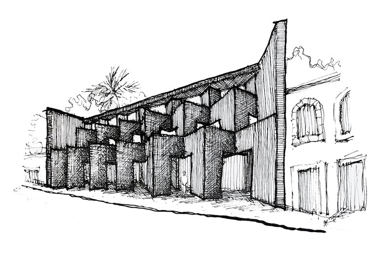 Sketch showing a street view of a timber-clad facade with overhanging roof, adjacent palm tree, and neighboring buildings