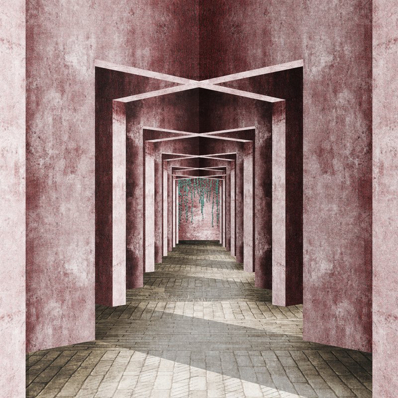Covered corridor with repeating pink plaster arches and crossed beams over a brick-paved floor