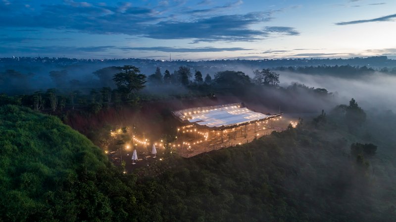 Aerial view of the illuminated canopy structure emerging from dense fog at dawn