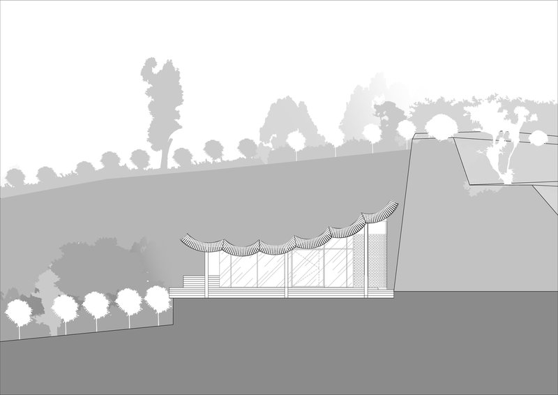 Section drawing showing a terraced building with undulating roof canopies set into sloping landscape with trees