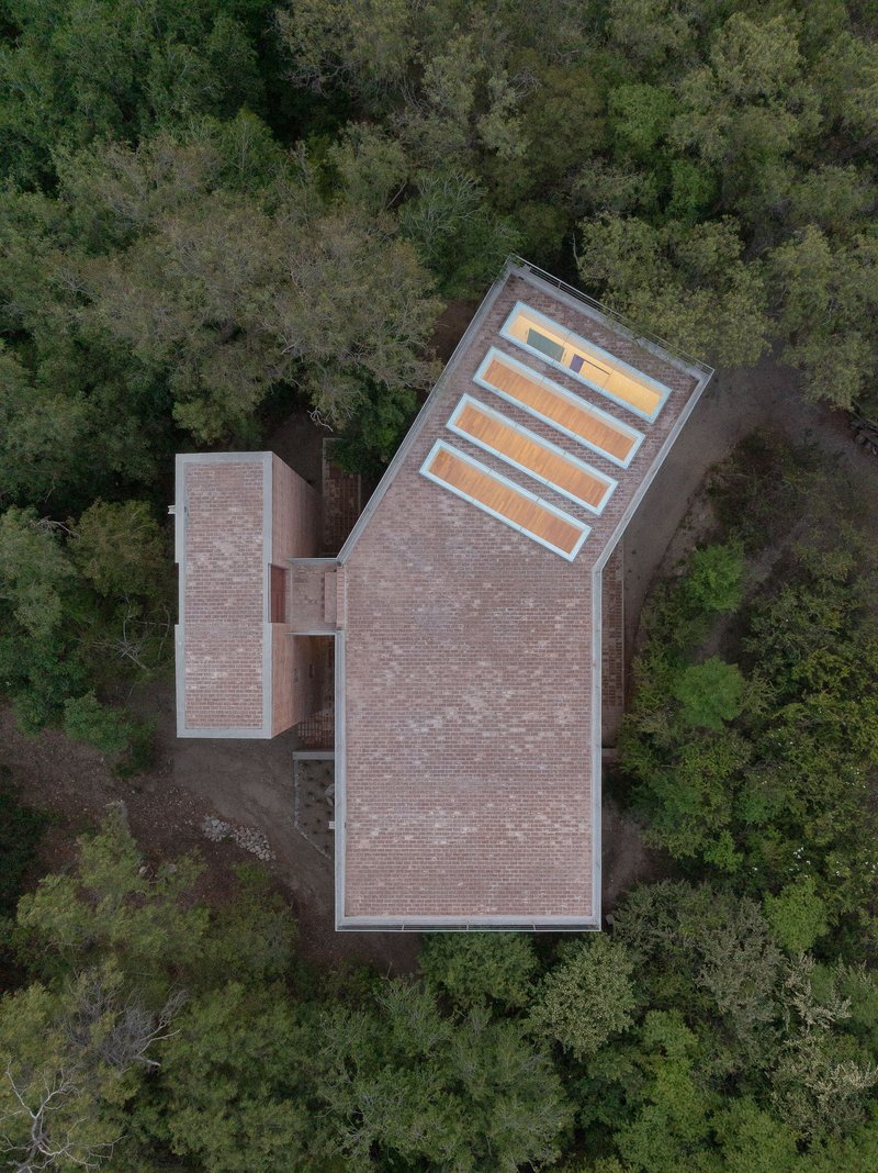 Aerial view of two brick-clad volumes with a slatted skylight nestled in dense tree canopy