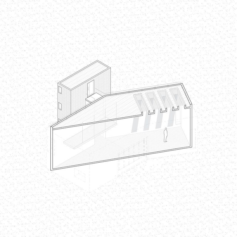 Axonometric drawing showing an angular courtyard space with clerestory openings and a figure below